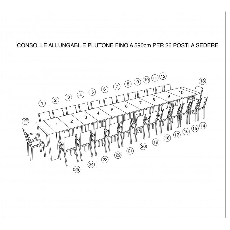 Schema tecnico della consolle allungabile per 26 posti